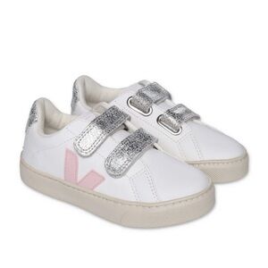 White Veja Sneakers with Silver Straps and Pink Accent